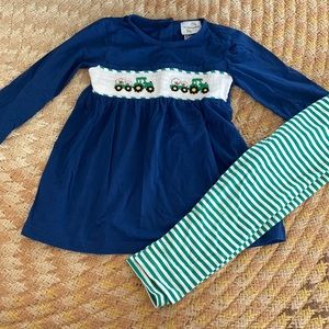 Size 4 The Smocking Petals Tractor set.  Small spot on right knee.